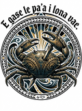 Back print: full design of a solitary Samoan reef crab piercing itself with its own leg, illustrating the proverb E gase le pa'a i lona vae (The crab dies by its own leg)