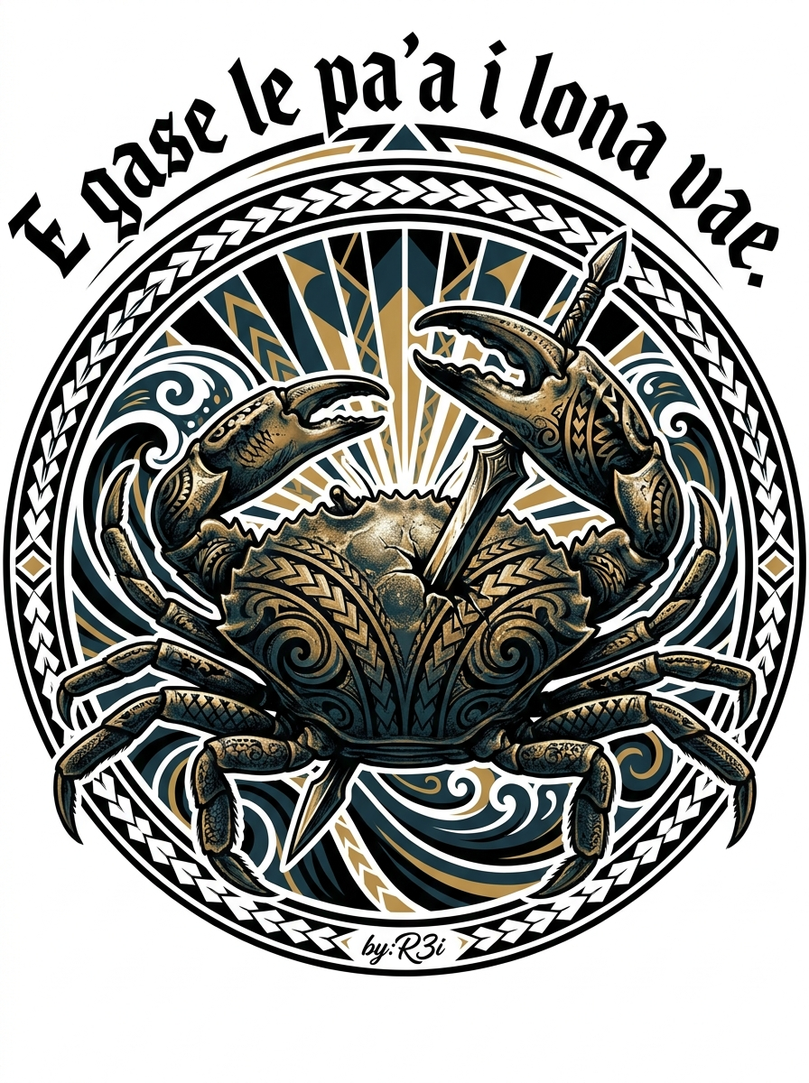 Back print: full design of a solitary Samoan reef crab piercing itself with its own leg, illustrating the proverb E gase le pa'a i lona vae (The crab dies by its own leg)