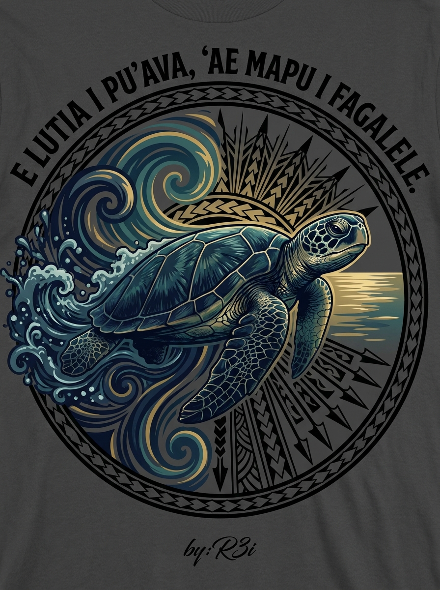 Back print: full design of a solitary sea turtle swimming from turbulent crossing-currents into calm water, illustrating the proverb E lutia i Pu'ava, 'ae mapu i Fagalele (Distress at Pu'ava, but rest at Fagalele)