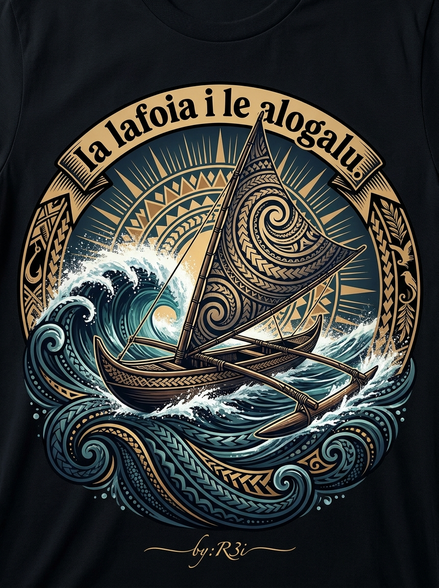 Back print: full design of a solitary Samoan outrigger canoe breaking through a reef passage, illustrating the proverb Ia lafoia i le alogalu (May you be cast on the land side of the reef)