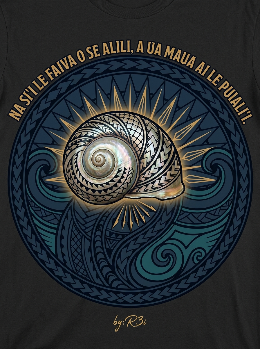 Back print: full design of a solitary alili (turban shellfish), illustrating the proverb Na si'i le faiva o se alili, a ua maua ai le puiali'i (They were looking for shellfish, but caught ladies of rank)