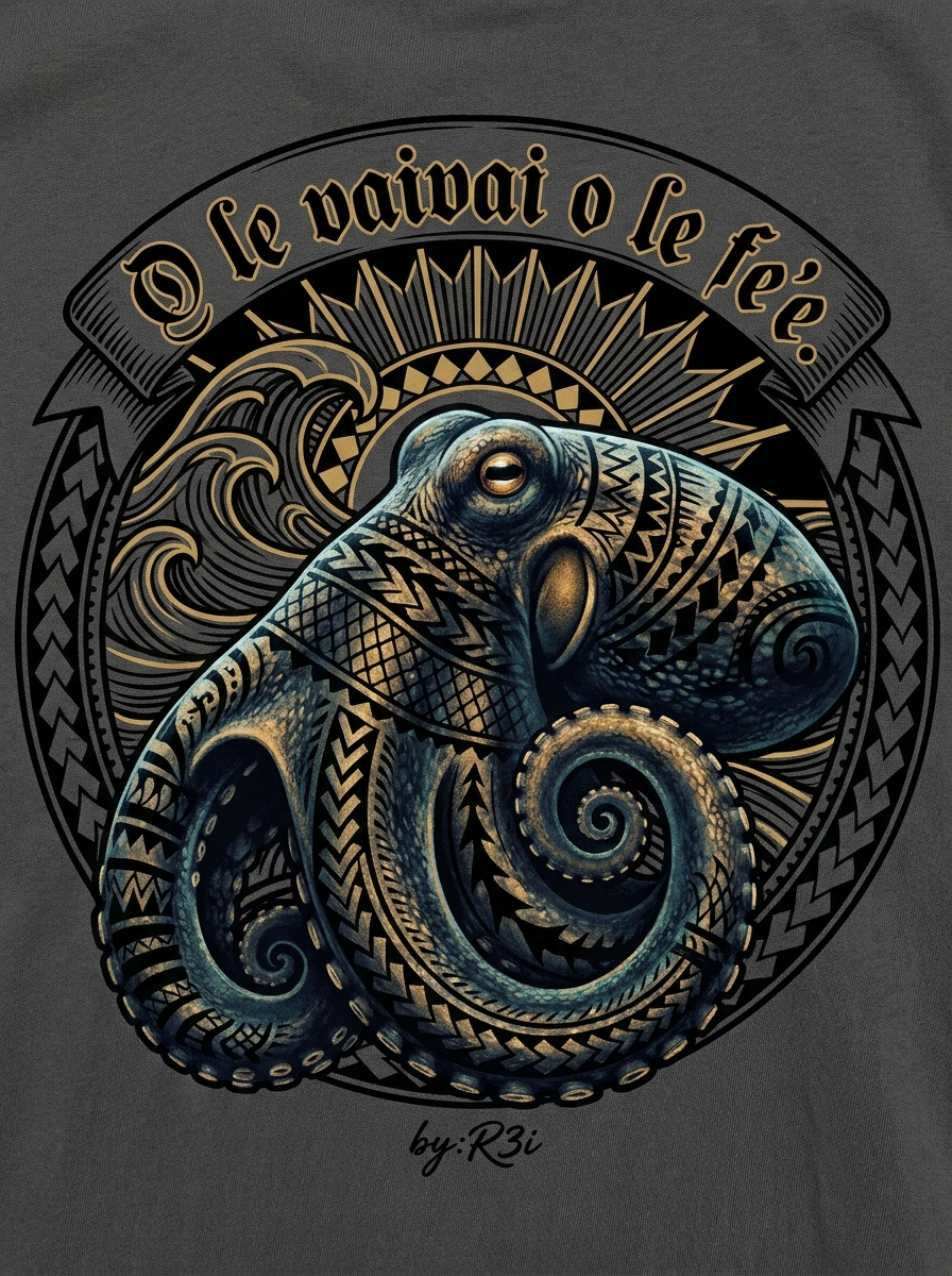 Back print: full design of a solitary octopus, illustrating the proverb O le vaivai o le fe'e (The softness of the octopus)