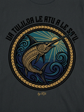 Back print: full tatau design — a swordfish pursuing a bonito through dark water, from the proverb 'Ua tuliloa le atu a le sa'u'