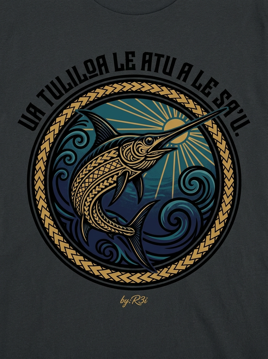 Back print: full tatau design — a swordfish pursuing a bonito through dark water, from the proverb 'Ua tuliloa le atu a le sa'u'