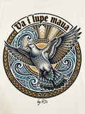 Back print: full design of a Pacific pigeon (lupe) in flight, illustrating the proverb Va i lupe maua — to catch one pigeon after another