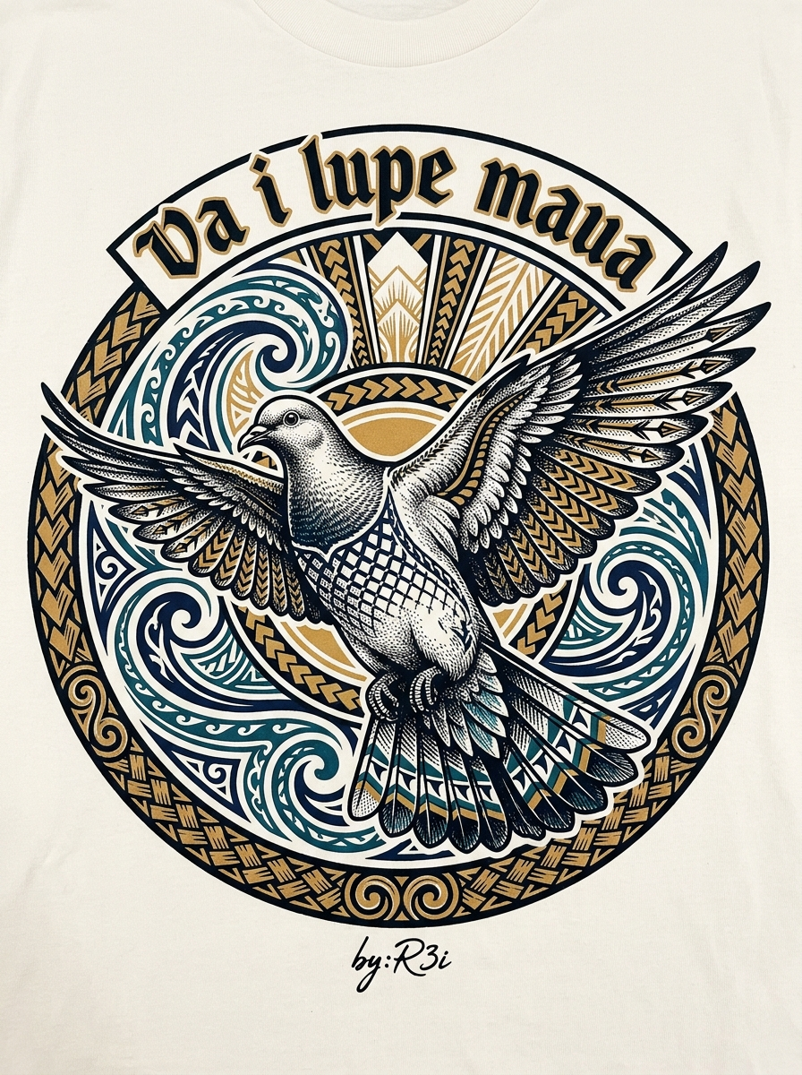 Back print: full design of a Pacific pigeon (lupe) in flight, illustrating the proverb Va i lupe maua — to catch one pigeon after another