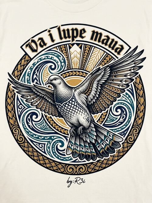 Back print: full design of a Pacific pigeon (lupe) in flight, illustrating the proverb Va i lupe maua — to catch one pigeon after another