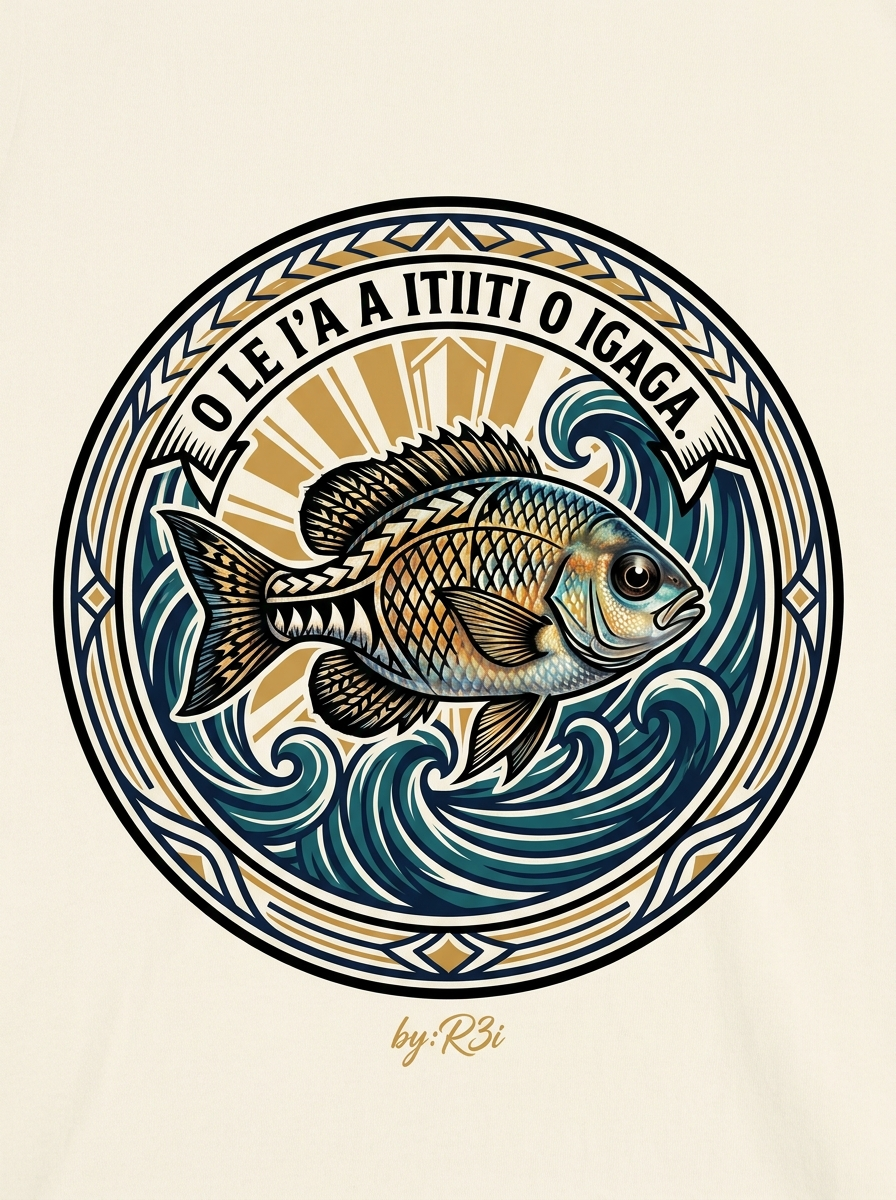 Back print: full tatau design of a solitary igaga (small fish), illustrating the proverb O le i'a a itiiti o igaga (The igaga is only a tiny fish)