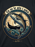 Back print: full tatau design of a solitary atu (bonito) caught against the outrigger, illustrating the proverb Ua se le atu i ama (The bonito was mistakenly pulled up on the outrigger side)