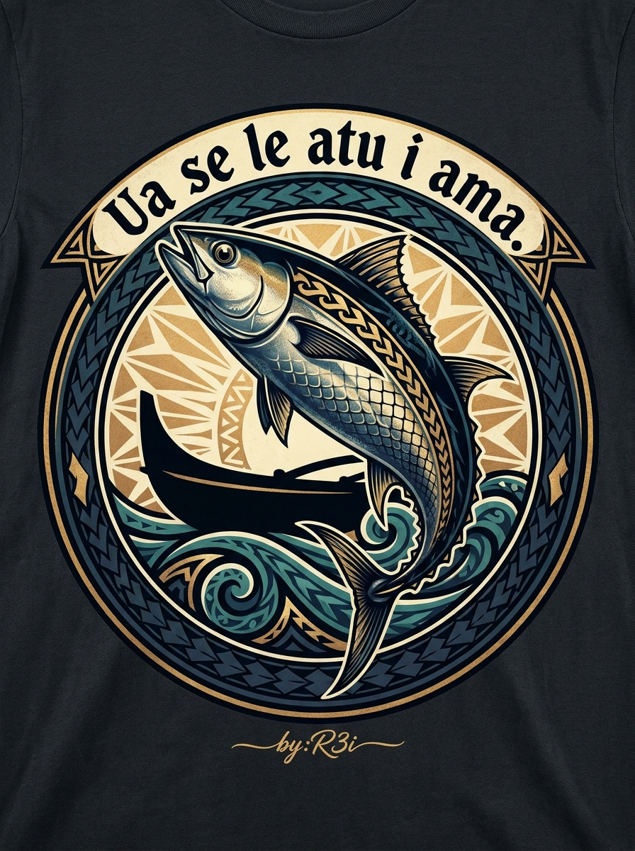Back print: full tatau design of a solitary atu (bonito) caught against the outrigger, illustrating the proverb Ua se le atu i ama (The bonito was mistakenly pulled up on the outrigger side)