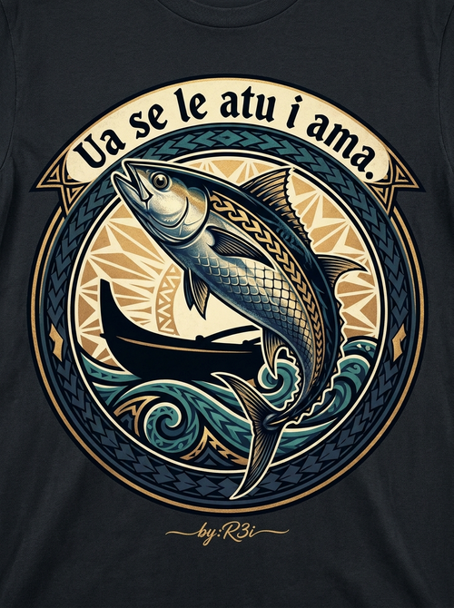Back print: full tatau design of a solitary atu (bonito) caught against the outrigger, illustrating the proverb Ua se le atu i ama (The bonito was mistakenly pulled up on the outrigger side)
