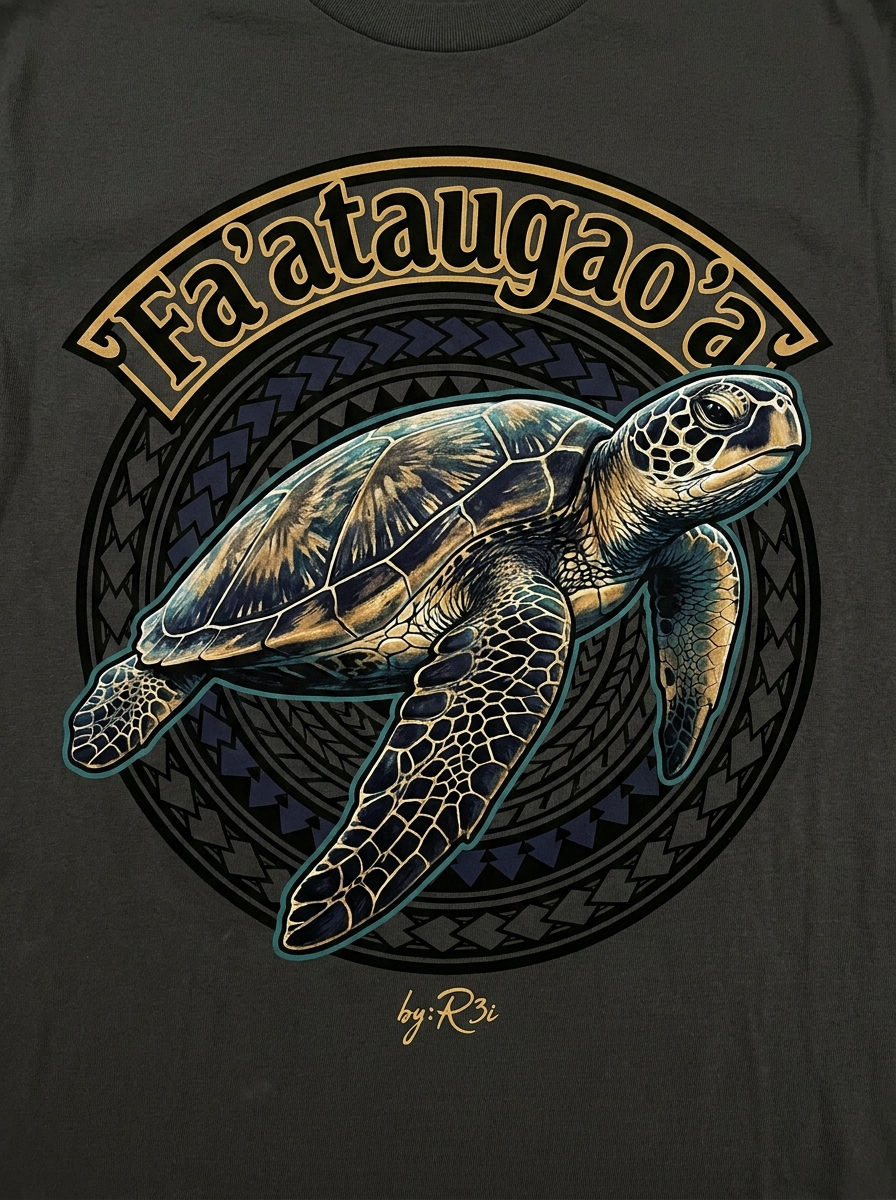 Back print: full tatau design — Fa'atauga'o'a, slow and steady sea turtle proverb graphic