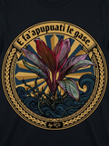 Back print: full tatau design of a solitary ti plant with the Samoan proverb 'E fa'apupuati le gase' (Like a ti plantation that never dies)