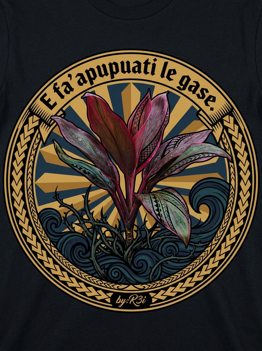 Back print: full tatau design of a solitary ti plant with the Samoan proverb 'E fa'apupuati le gase' (Like a ti plantation that never dies)