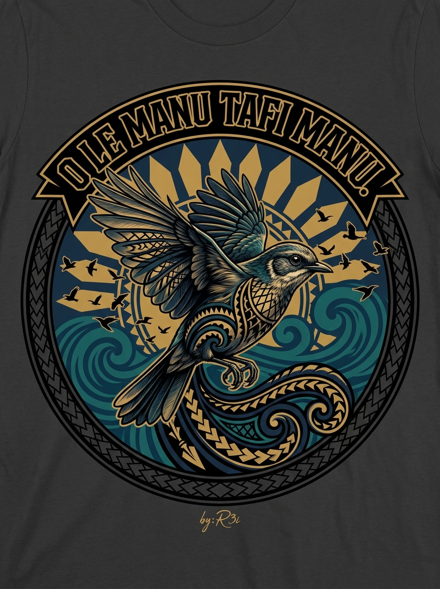 Back print: full design of a solitary decoy bird, illustrating the proverb O le manu tafi manu (A decoy bird that keeps away the wild birds)