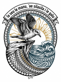Back print: full tatau design — a seabird on a cliff edge watching the breakers, from the proverb 'Ia seu le manu, 'ae silasila i le galu'