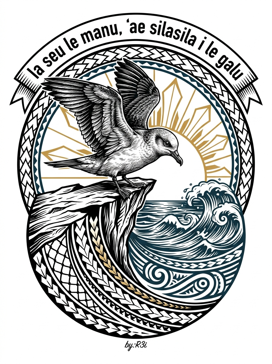 Back print: full tatau design — a seabird on a cliff edge watching the breakers, from the proverb 'Ia seu le manu, 'ae silasila i le galu'