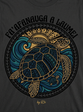 Back print: full tatau design of a solitary sea turtle (laumei) with hatchling — 'Fa'afanauga a laumei,' the turtle that eats its own young