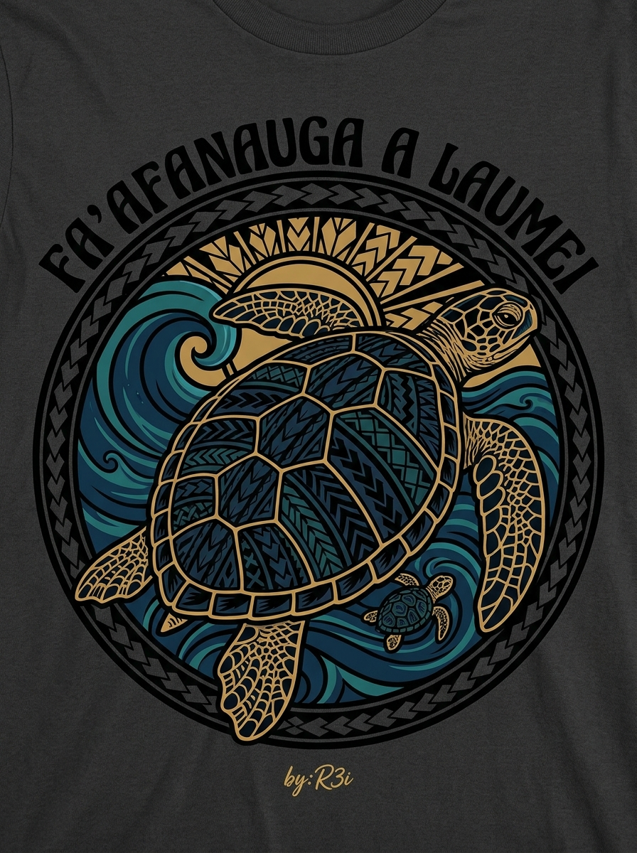 Back print: full tatau design of a solitary sea turtle (laumei) with hatchling — 'Fa'afanauga a laumei,' the turtle that eats its own young