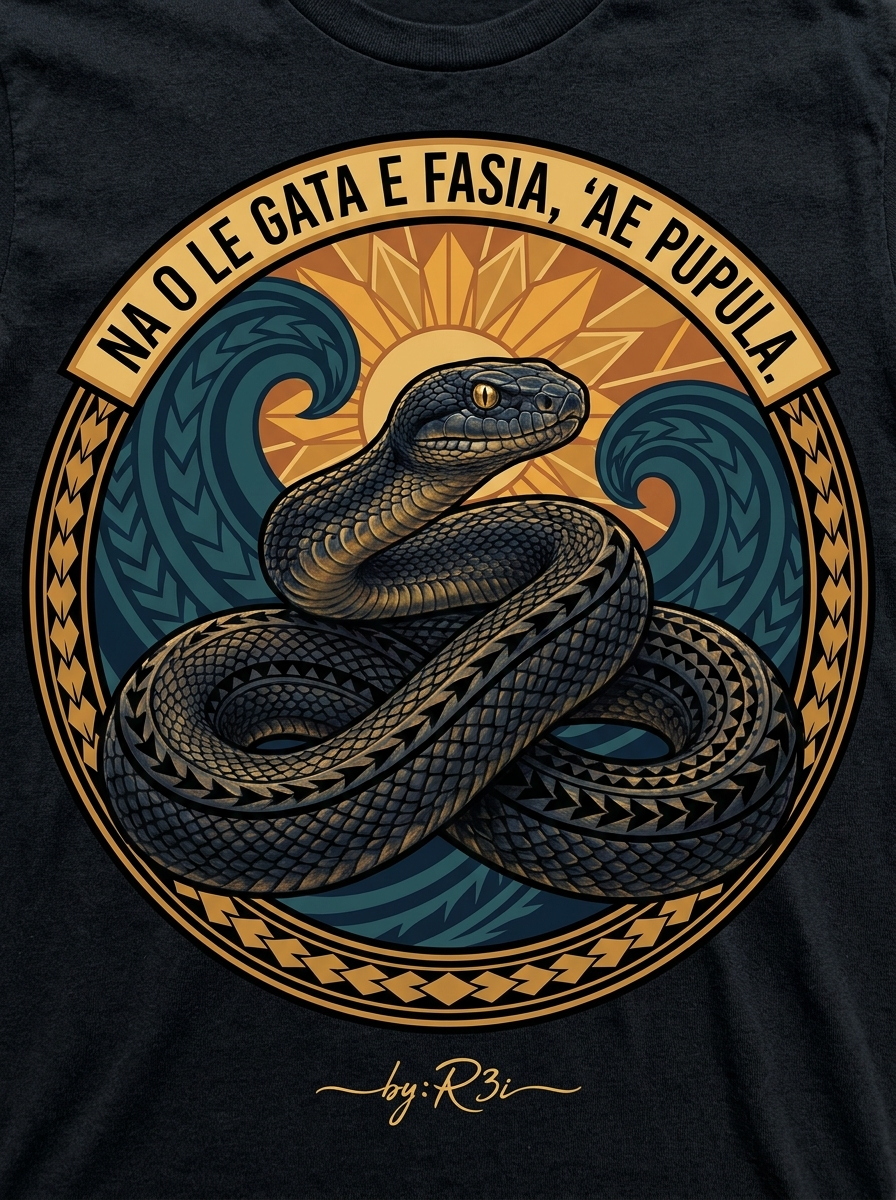 Back print: full tatau design of a solitary coiled snake (gata) with an unflinching eye — 'Na o le gata e fasia, 'ae pupula,' only the snake looks at its slayer