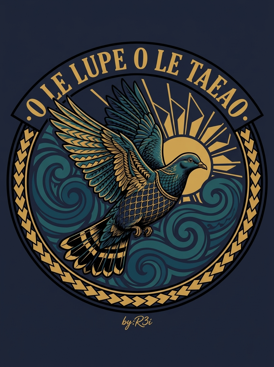 Back print: full tatau design — a solitary pigeon (lupe) in flight at dawn, illustrating the proverb O le lupe o le taeao (The pigeon of the early morning)
