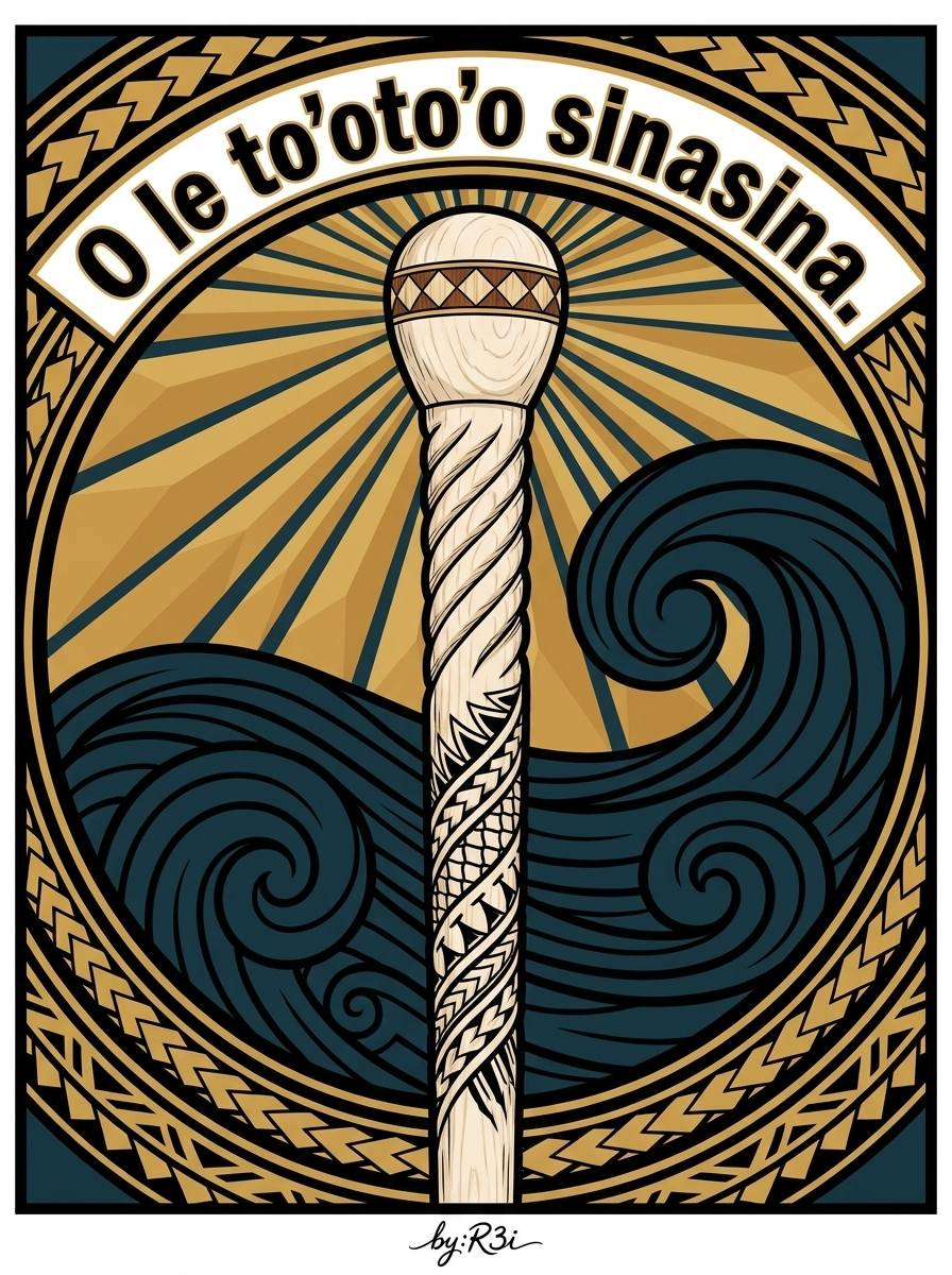 Back print: full tatau design — a solitary orator's staff (to'oto'o) styled after a traditional carved staff, illustrating the proverb O le to'oto'o sinasina (A white staff)