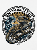 Back print: full tatau design — a solitary watchful pili (lizard), illustrating the proverb Tapai tataga le pilia (May there be no lizards about)