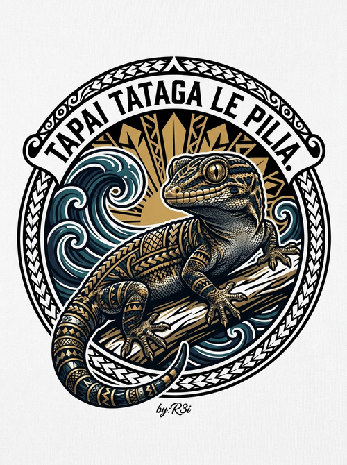 Back print: full tatau design — a solitary watchful pili (lizard), illustrating the proverb Tapai tataga le pilia (May there be no lizards about)