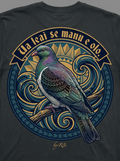 Back print: full design of a solitary Samoan pigeon (lupe) with the proverb 'Ua leai se manu e olo' — Not a Pigeon is Cooing