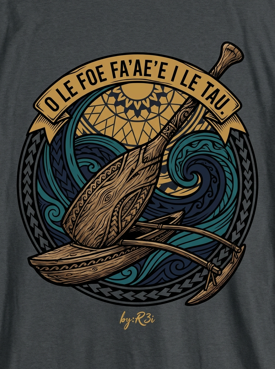 Back print: full design of a paddle balanced on a canoe's deck, illustrating the proverb 'O le foe fa'ae'e i le tau.'