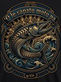 Back print: full design of a solitary sapatu (barracuda) tearing free of a hook, illustrating the proverb 'O le sapatu motu pa.'