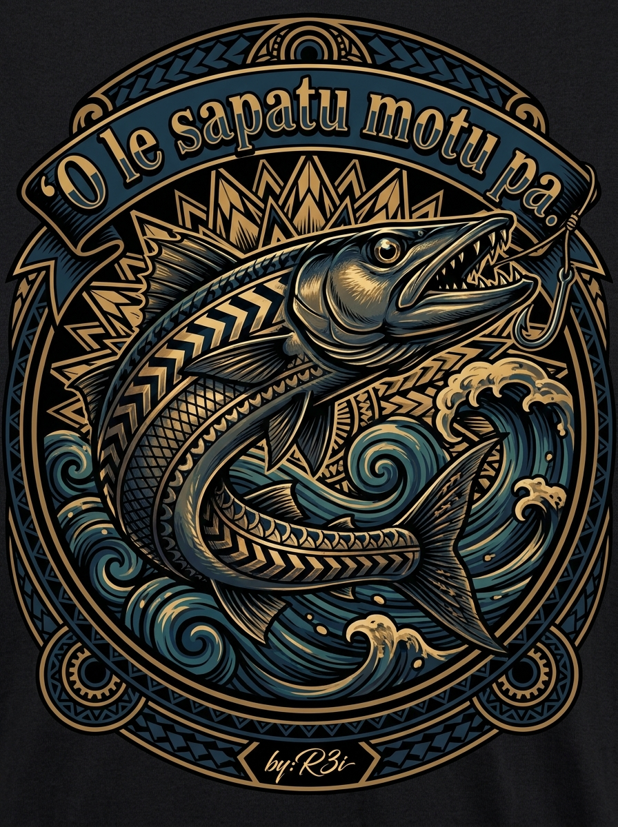 Back print: full design of a solitary sapatu (barracuda) tearing free of a hook, illustrating the proverb 'O le sapatu motu pa.'