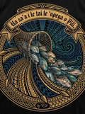 Back print: full style graphic of Pili's fishing net pouring fish into the sea, illustrating the proverb 'Ua sa'a i le tai le 'upega o Pili.'