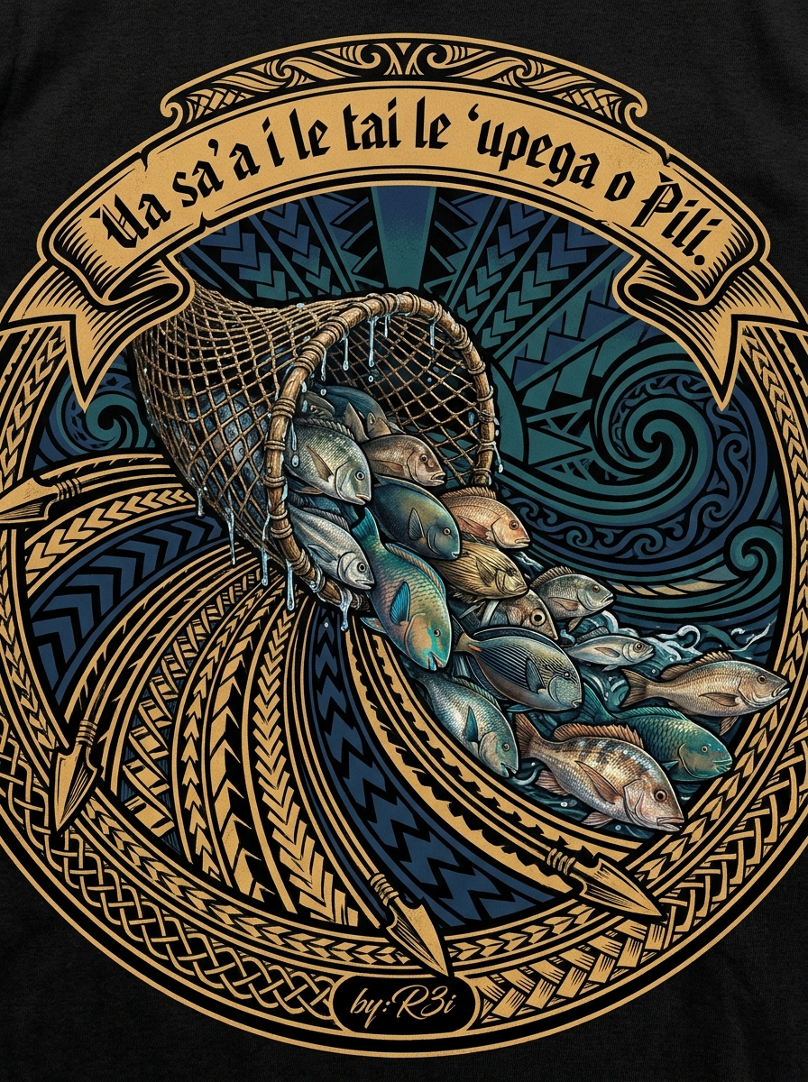 Back print: full style graphic of Pili's fishing net pouring fish into the sea, illustrating the proverb 'Ua sa'a i le tai le 'upega o Pili.'