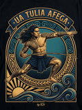 Back print: full design of a solitary Samoan youth with long black hair and ie lava, mid-throw of a slender ti'a dart in the tagati'a game, with the proverb 'Ua tulia afega' — The Interrupted Throw