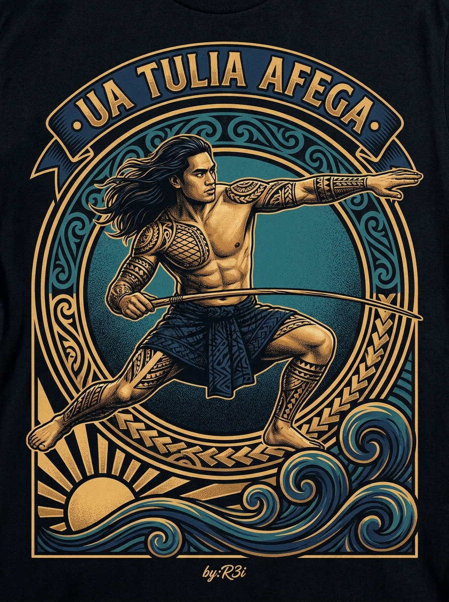 Back print: full design of a solitary Samoan youth with long black hair and ie lava, mid-throw of a slender ti'a dart in the tagati'a game, with the proverb 'Ua tulia afega' — The Interrupted Throw