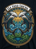 Back print: full design — two mirrored hammerhead sharks in balance, Samoan proverb Ua tusa tau'au