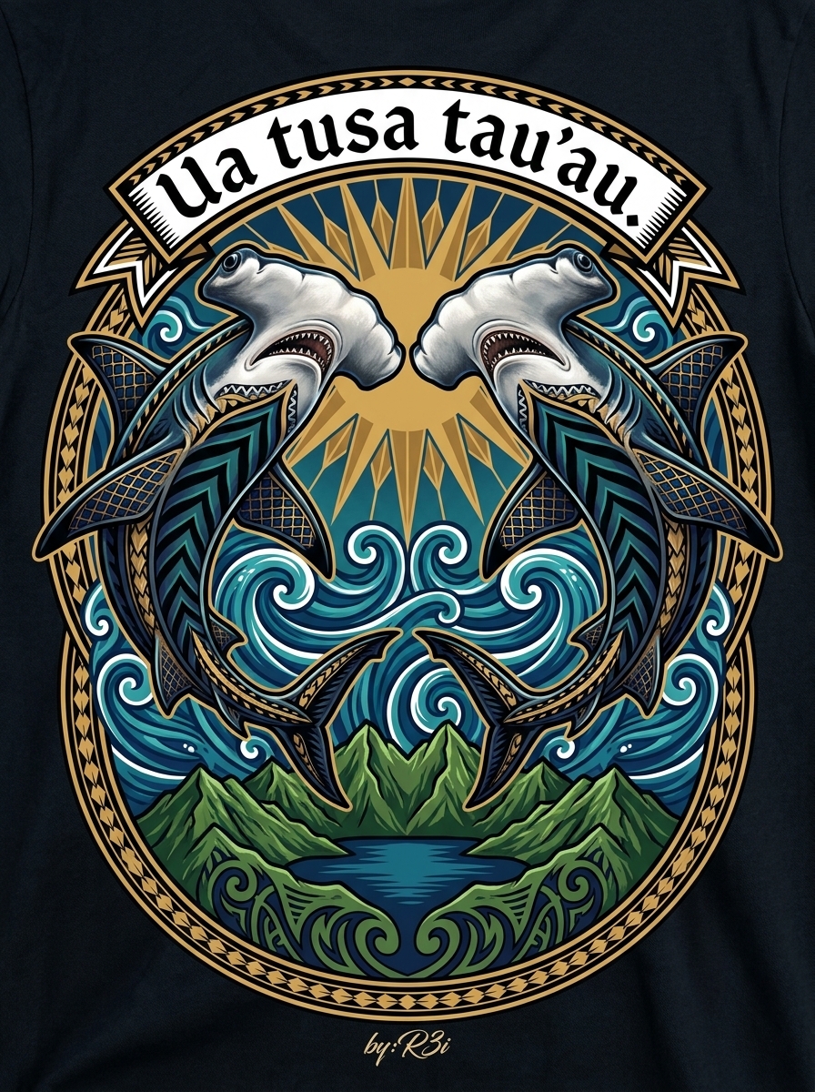 Back print: full design — two mirrored hammerhead sharks in balance, Samoan proverb Ua tusa tau'au
