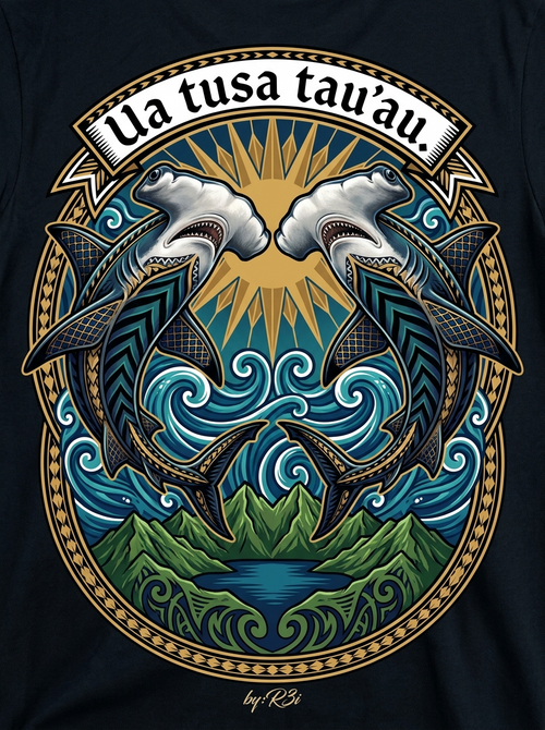 Back print: full design — two mirrored hammerhead sharks in balance, Samoan proverb Ua tusa tau'au