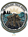 Back print: full style design of a solitary hermit crab, illustrating the proverb Ua fa'alua'i talo Asau (Like the taro holes in Asau)