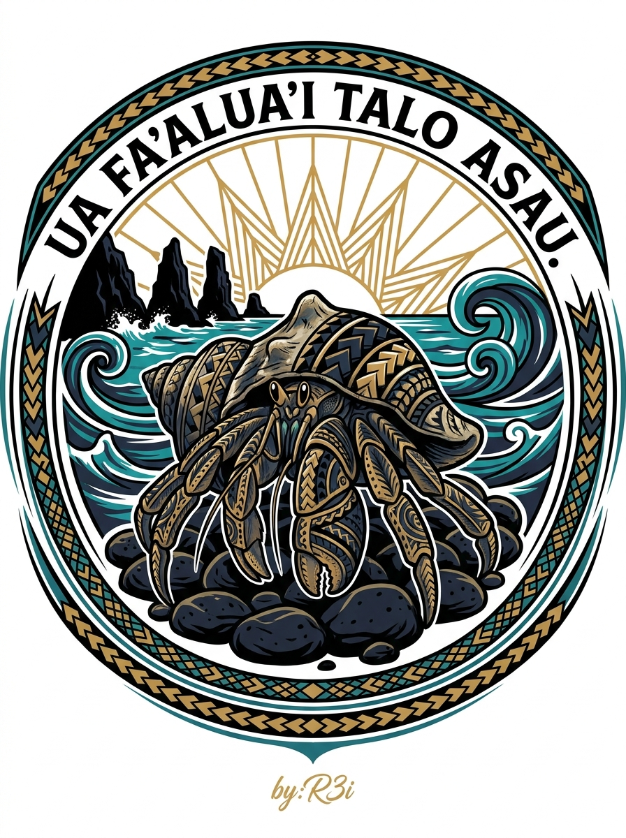 Back print: full style design of a solitary hermit crab, illustrating the proverb Ua fa'alua'i talo Asau (Like the taro holes in Asau)