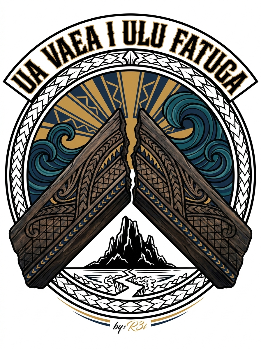 Back print: full style design of a split ridge-beam (fatuga) — 'Ua vaea i ulu fatuga', Divided at the Fatuga