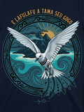 Back print: full style design of a gogo (sea tern) mid-swoop — 'E lafulafu a tama seu gogo', the dirt of the youths catching sea birds