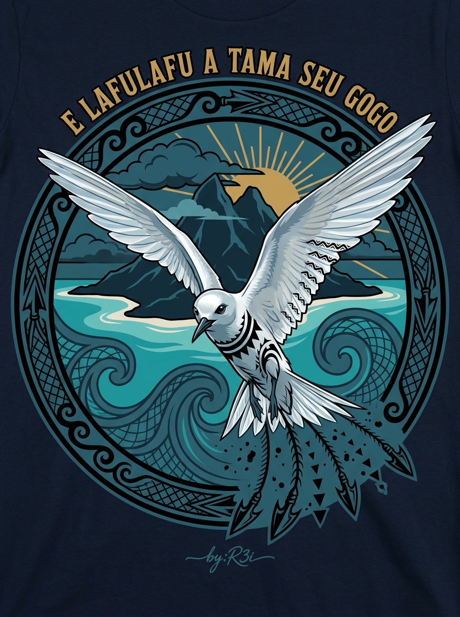 Back print: full style design of a gogo (sea tern) mid-swoop — 'E lafulafu a tama seu gogo', the dirt of the youths catching sea birds