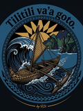 Back print: full design — a solitary Samoan outrigger canoe (va'a) foundering through a storm swell, illustrating the proverb 'Tilitili va'a goto.'