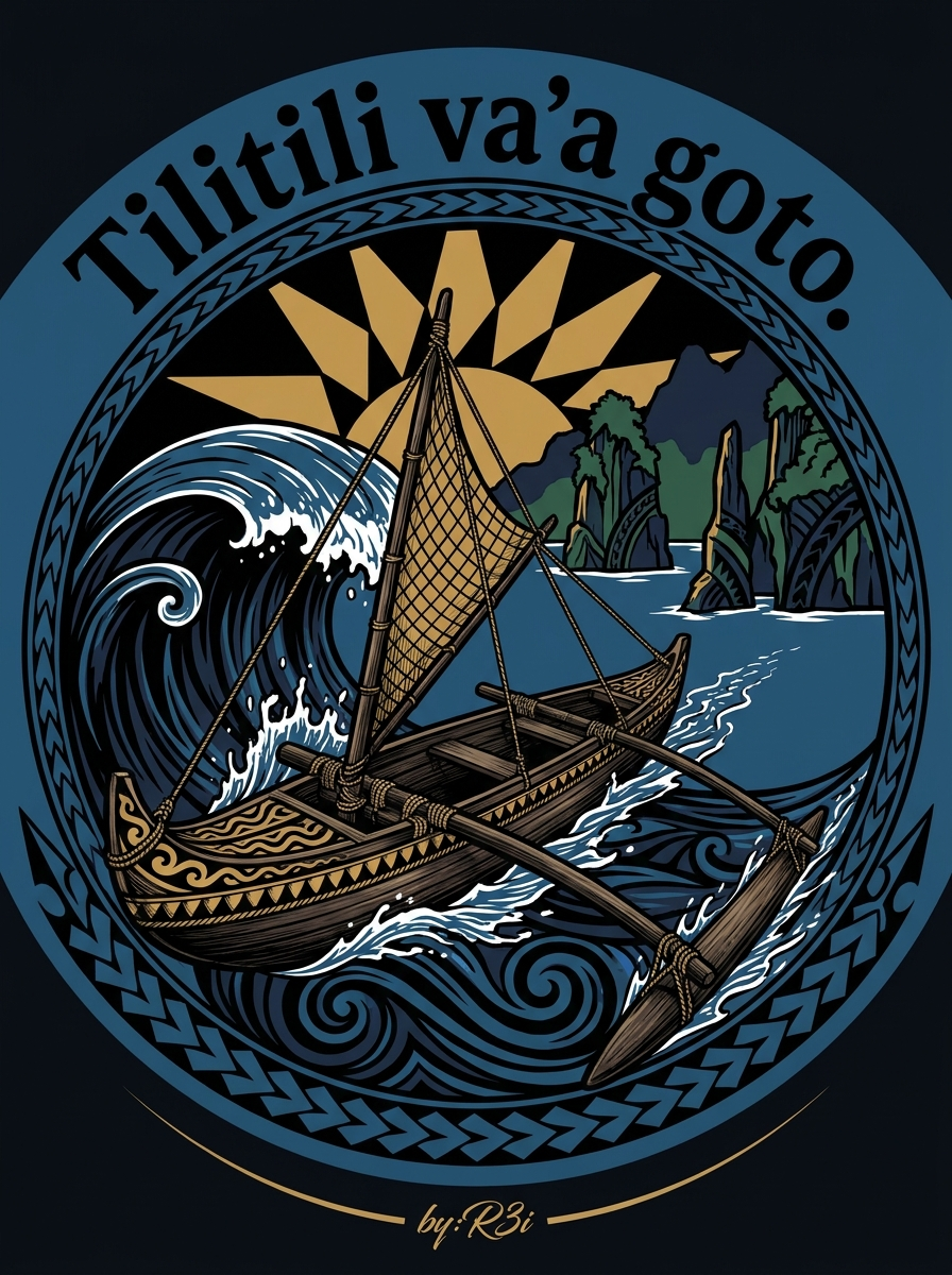 Back print: full design — a solitary Samoan outrigger canoe (va'a) foundering through a storm swell, illustrating the proverb 'Tilitili va'a goto.'