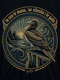 Back print: full design — solitary seabird on Tutuila sea cliffs, proverb 'Ia seu le manu, 'ae silasila i le galu.'