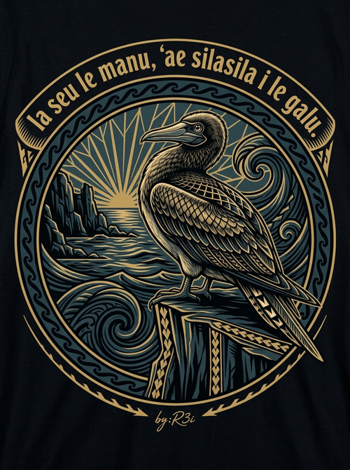 Back print: full design — solitary seabird on Tutuila sea cliffs, proverb 'Ia seu le manu, 'ae silasila i le galu.'