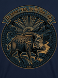 Back print: full  design — the secret of the bush revealed on the road (wild boar, Samoan proverb Ua pona i vao, 'ae lia'iina i ala)