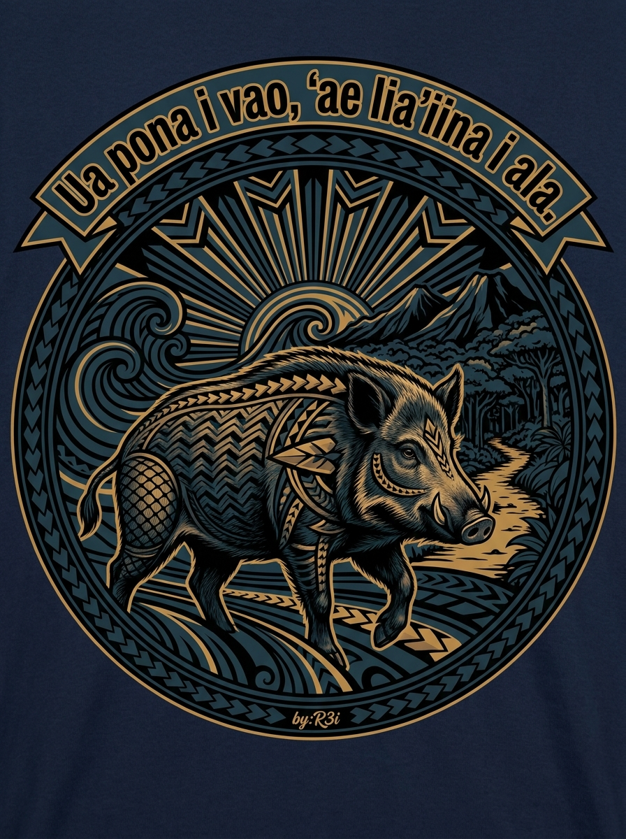 Back print: full  design — the secret of the bush revealed on the road (wild boar, Samoan proverb Ua pona i vao, 'ae lia'iina i ala)